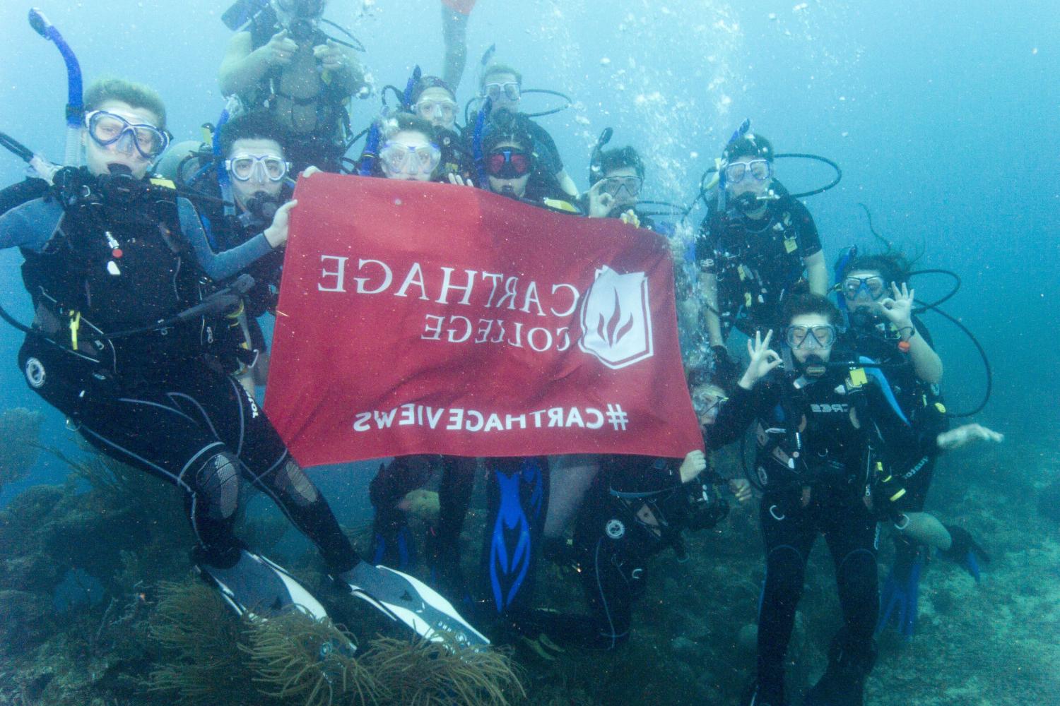 学生们手持<a href='http://coe.kewlplaces.net'>bv伟德ios下载</a>旗帜，在j学期洪都拉斯游学之旅中潜水.